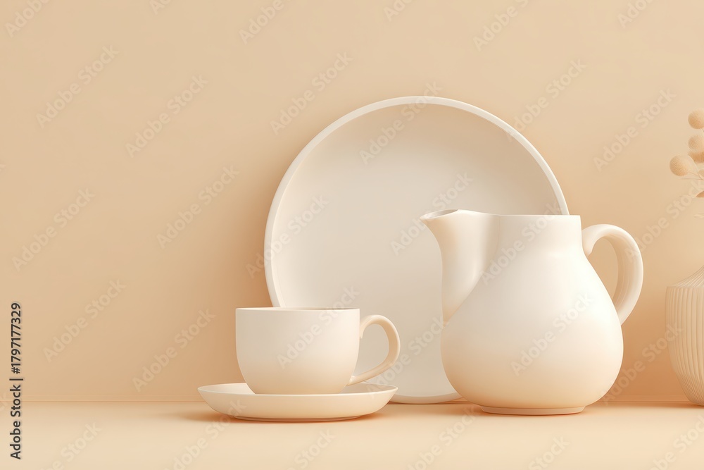 Fototapeta premium Minimalist cream ceramic kitchenware for a clean and elegant modern display.