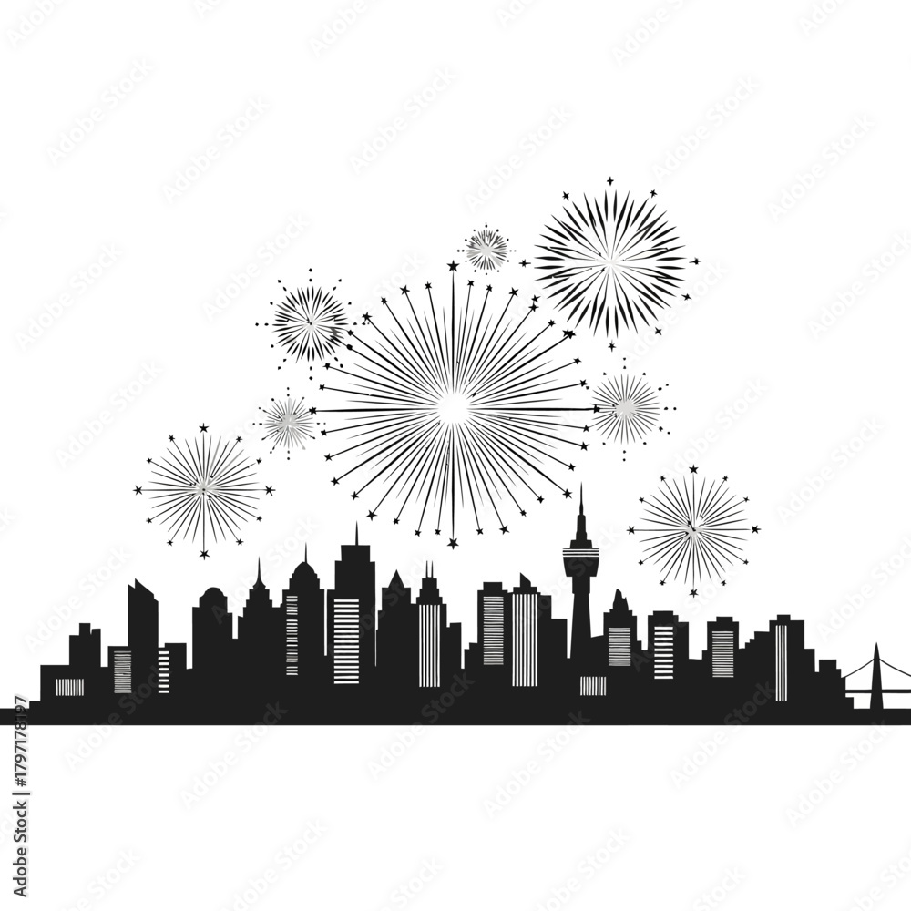 Fototapeta premium A striking black silhouette of a modern city skyline is illuminated by a dazzling display of fireworks, capturing the essence of urban celebration.