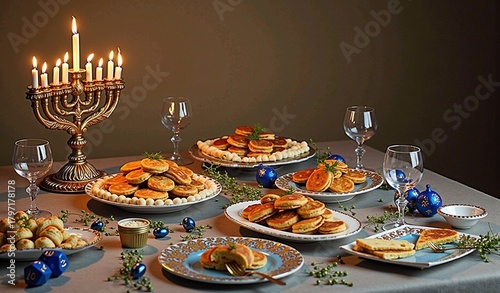 Hanukkah dinner table with menorah and traditional foods