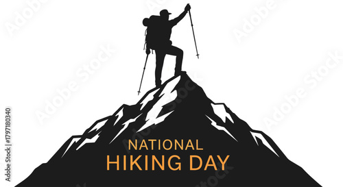 National Hiking Day Vector Silhouette Illustration Mountain Peak Climber