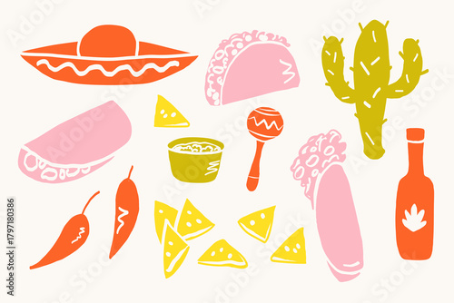 Mexico food banner. Doodle with sombrero, taco, nachos, burrito, cactus, pepper. National Mexican cuisine. Vector illustration on isolated background. Design element for logo, card, menu, sign, flyer