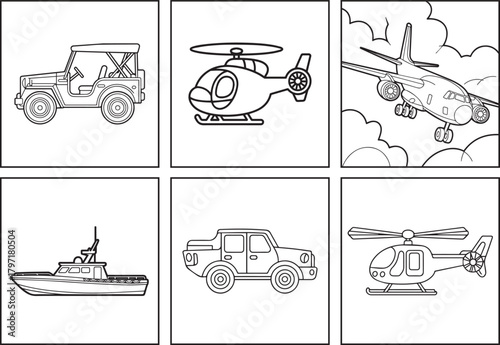 Vehicles car, helicopter, airplane, boat coloring page bundle for kids black line art vector illustration set