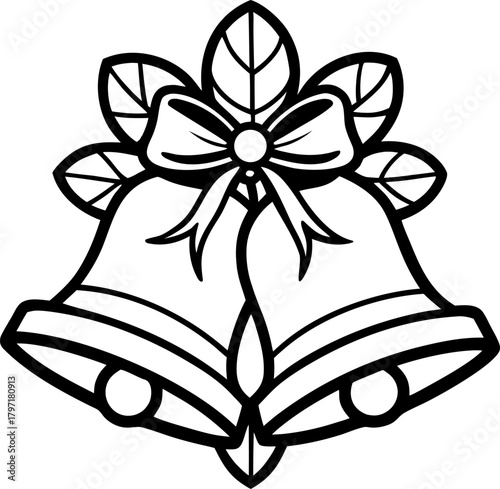  Christmas bells with ribbon, bold clean lines ,coloring book vector, line art vector line art , black and white