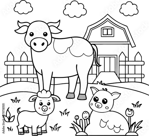  Barn and hay bales in fall field, simple black and white page ,coloring book vector, line art vector line art , black and white