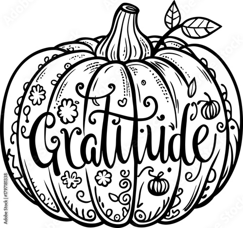 Pumpkin with gratitude words, simple coloring book design  ,coloring book vector, line art vector line art , black and white