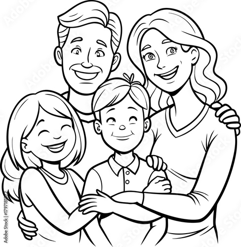  Smiling family hugging, thankful coloring sheet ,coloring book vector, line art vector line art , black and white