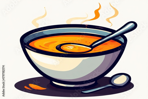 A bowl of hot soup with a spoon inside, and another spoon resting on the side.
