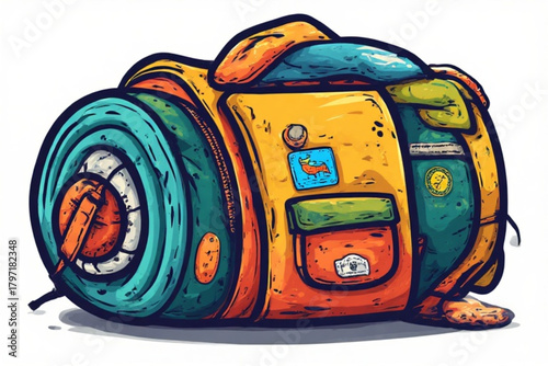 Cartoon illustration of a colorful, packed travel bag with a rolled mat attached, resting on a white surface.