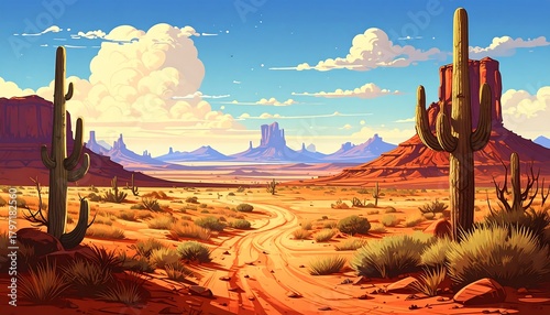 Majestic desert landscape with towering cactus and vibrant blue sky panorama