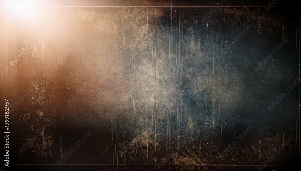 Naklejka premium Vintage Distressed Old Photo Light Leaks Film Grain Dust And Scratches Transparent Texture Overlay With Vignette Border Dirty Gritty Grunge Analog 8K 16 9 Retro Effect Background With Copy Space