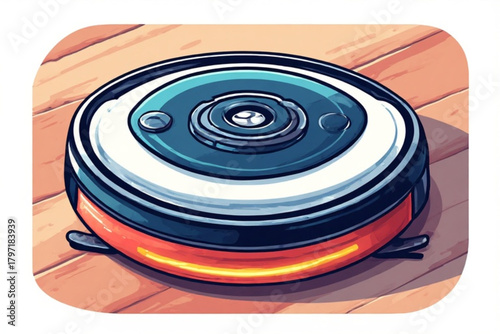A stylized illustration of a robotic vacuum cleaner on a wooden floor, ready to clean.