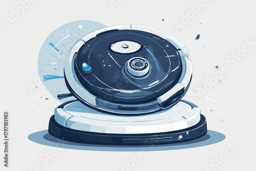A stylized illustration of a robotic vacuum cleaner with a charging station.