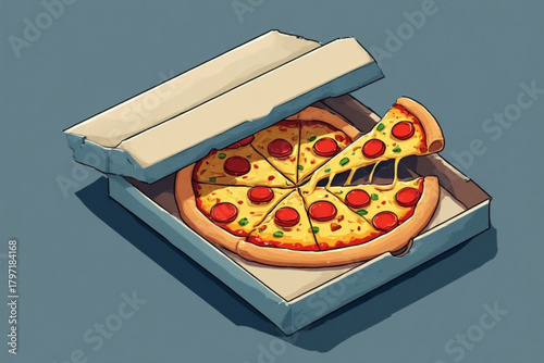 A freshly baked pizza with a slice being lifted from the cardboard box.