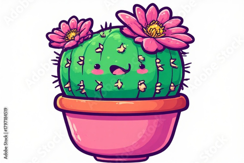 Cute cartoon cactus with pink flowers in a pink pot, smiling with rosy cheeks.