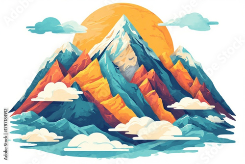 Stylized illustration of a mountain range with a bright sun and fluffy clouds.