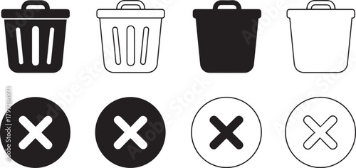 A versatile monochrome icon set featuring various trash can and circular 'X' mark designs, symbolizing delete, remove, and cancel actions for digital interfaces