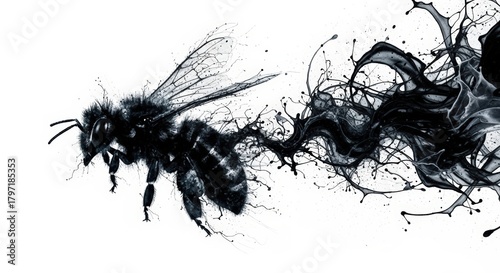 A dark, stylized bee with a dynamic trail of black ink splatters against a white background, depicting motion and artistic expression.