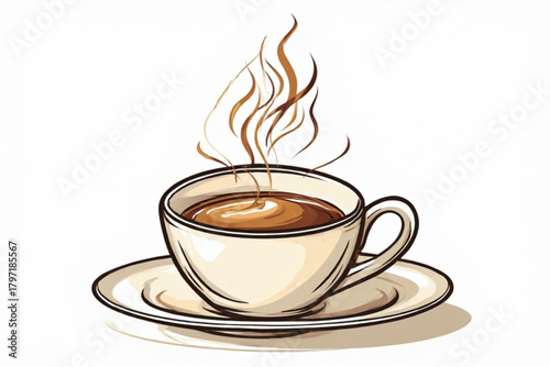A steaming cup of coffee sits on a saucer, emanating fragrant wisps.
