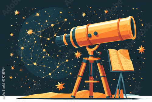 A telescope stands near an open book, set against a backdrop of stars and constellations.