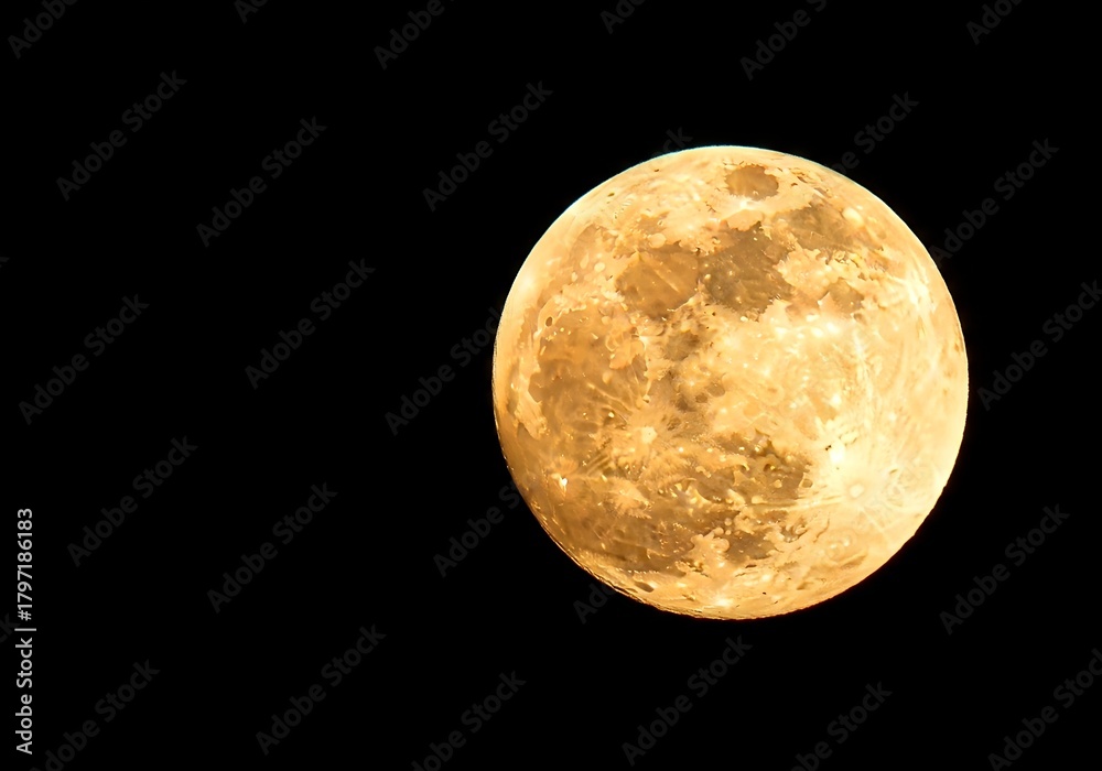 Obraz premium Supermoon close-up with golden surface texture and detailed craters against black night sky