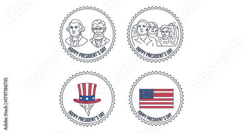 Four circular designs commemorating President's Day, featuring portraits of presidents, Mount Rushmore, an Uncle Sam hat, and the American flag.