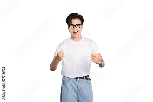 фотографія Joyful Triumph: A young man embodies pure exuberance, his eyes sparkling with delight as he celebrates a hard-won victory