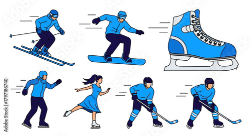 Illustration depicting various winter sports activities: skiing, snowboarding, ice skating, hockey, and a single ice skate.