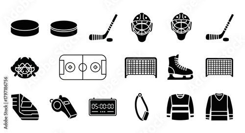 A collection of black and white vector icons representing ice hockey equipment and elements, including pucks, sticks, a rink, a goalie mask, and a jersey.