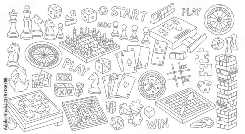 Line art illustration featuring a collection of board games, card games, dice, chess pieces, and other game-related elements arranged together.