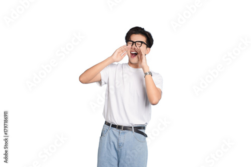 Quadro su tela Vocal Announcement: A young man, filled with enthusiasm, uses both hands to amplify his voice in a clear shout
