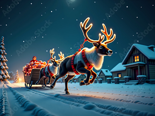 Reindeer pulling Santa's sleigh through a snowy village at night with copy space