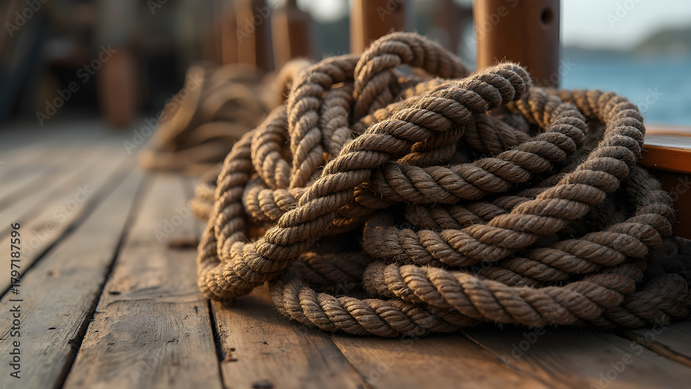 Fototapeta premium Coiled ropes on a ship deck. Importance of coiled ropes for safety. How to properly coil ship ropes. Best practices for managing ship deck lines.