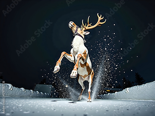 Reindeer prancing in snow at night with dark sky, with copy space