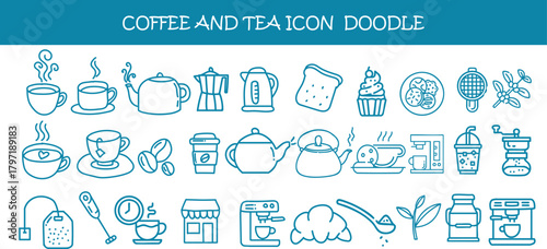 Hand drawn coffee and tea doodle icon set featuring cups, mugs, kettles, beans, desserts, café tools and drinks. Perfect for menus, branding, packaging, stickers, social media and modern café designs.