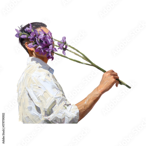Obscured Vision A Man Hides Behind a Bouquet of Purple Flowers