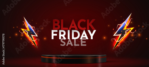 Striking Black Friday Sale banner with glowing lightning and product podium, ideal for advertisements and special offers. Vector illustration