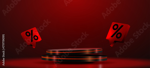 Stylish 3D product display podium with percentage tags on a red background for sales and promotions. Vector illustration.