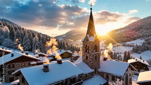 Winter Village Sunrise - Church Tower Amidst Snow-Covered Houses.