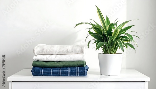 Minimalist home arrangement featuring stacked clothing and a vibrant snake plant