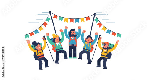 Joyful Group Of Adventurers Celebrating Success After Reaching The Mountain Peak