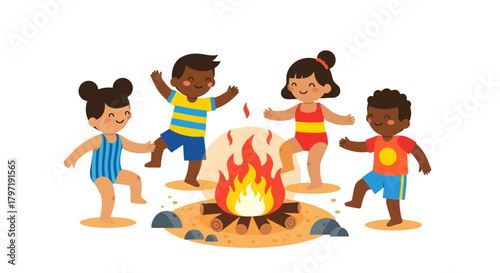 Joyful Group Of Children Dancing Around A Campfire During Summer Vacation Time