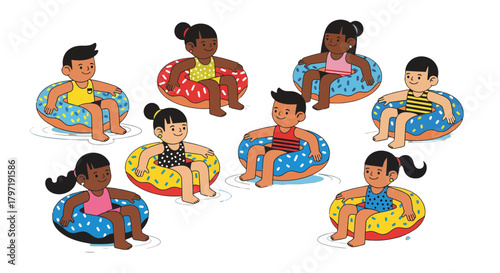 Joyful Group Of Children Floating on Donut-Shaped Inner Tubes on Black Background