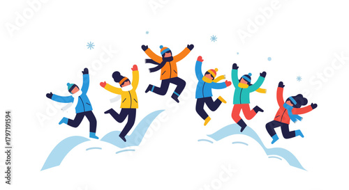 Joyful Group Of Children Having Fun Playing Together In Winter Season