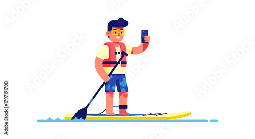 Joyful Person Paddling With Smartphone Documenting The SUP Experience