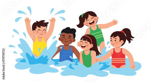 Joyful Group Of Children Playing And Splashing In The Water During Summer Vacation