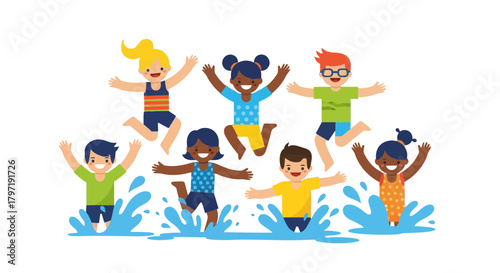 Joyful Group Of Children Playing And Splashing In Water On A Summer Day