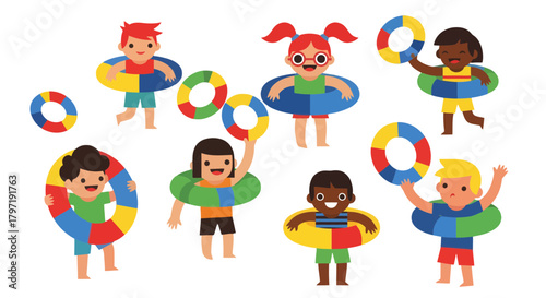 Joyful Group Of Children Playing With Swimming Rings During Summer Season