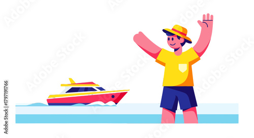 Joyful Person Welcoming Boat Ride With Enthusiasm And Positive Body Language