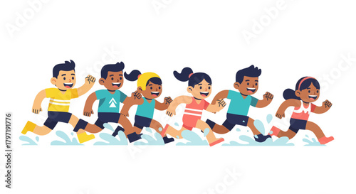 Joyful Group Of Children Run Through Water With Energetic Exuberance