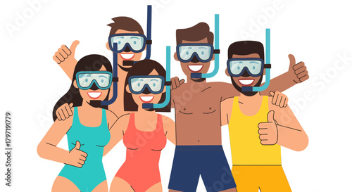 Joyful Group Of Divers Wearing Snorkel Gear Giving Thumbs Up, Summer Vacation